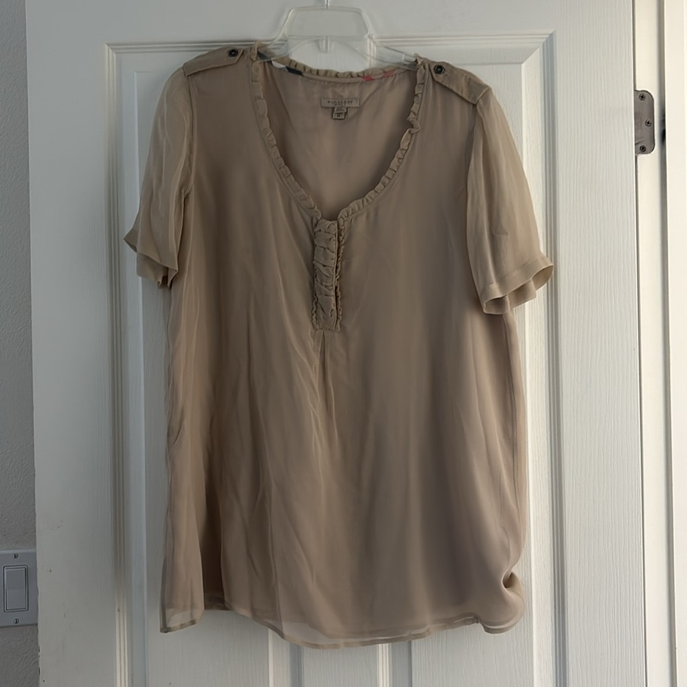 Burberry Brit Beige 100% Silk Lined Ruffle Collar Blouse Sz M